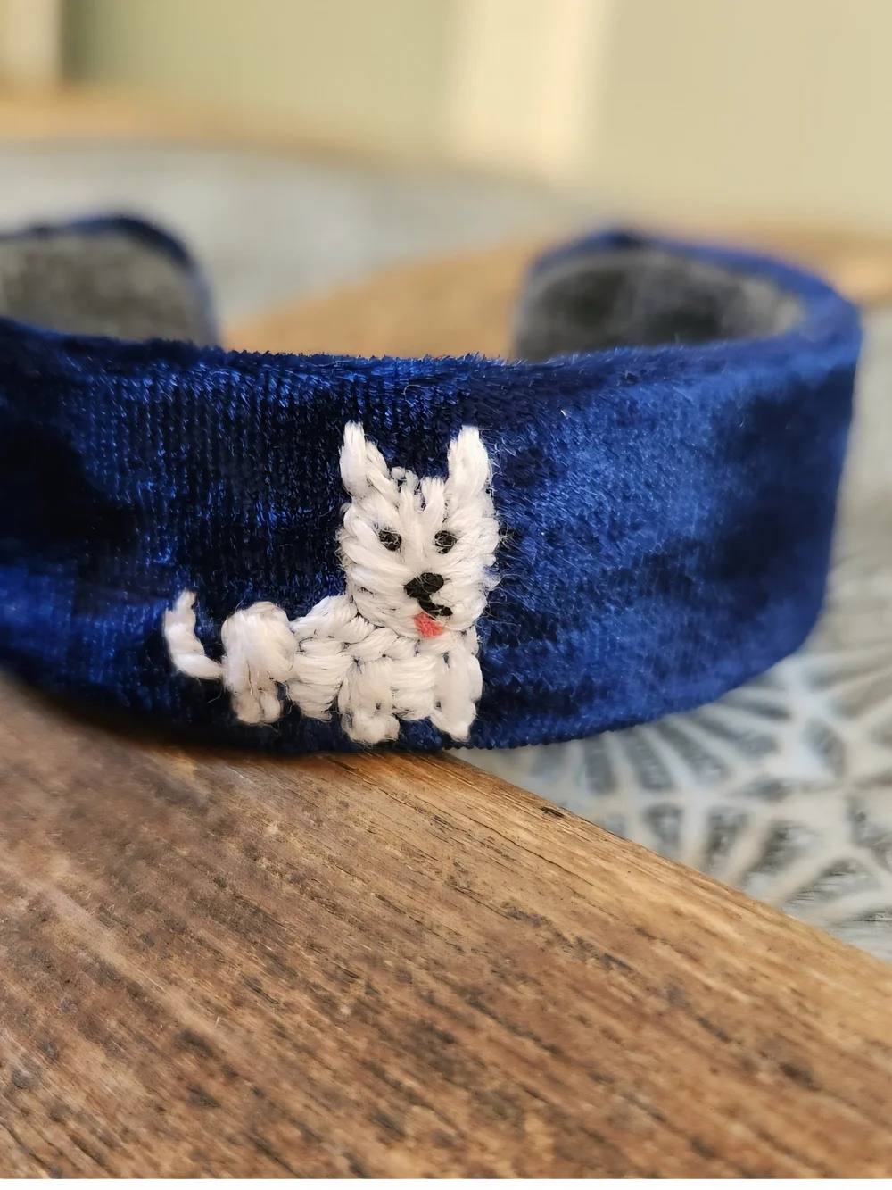 Hand Embroidered Velvet Cuff Bracelet Little White Dog Scotty